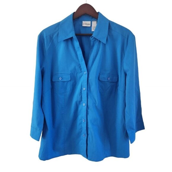 Chico's Tops - Chicos Blue Button Front V Neck 3/4 Sleeves Chest Pockets Size 3 XL 12